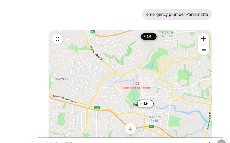 ChatGPT clean session showing the prompt emergency plumber Parramatta with a map response for the Parramatta area