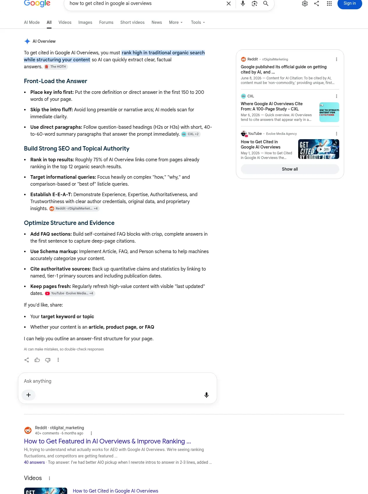 Google AU desktop search showing an AI Overview for how to get cited in Google AI Overviews, with source cards beside the summary