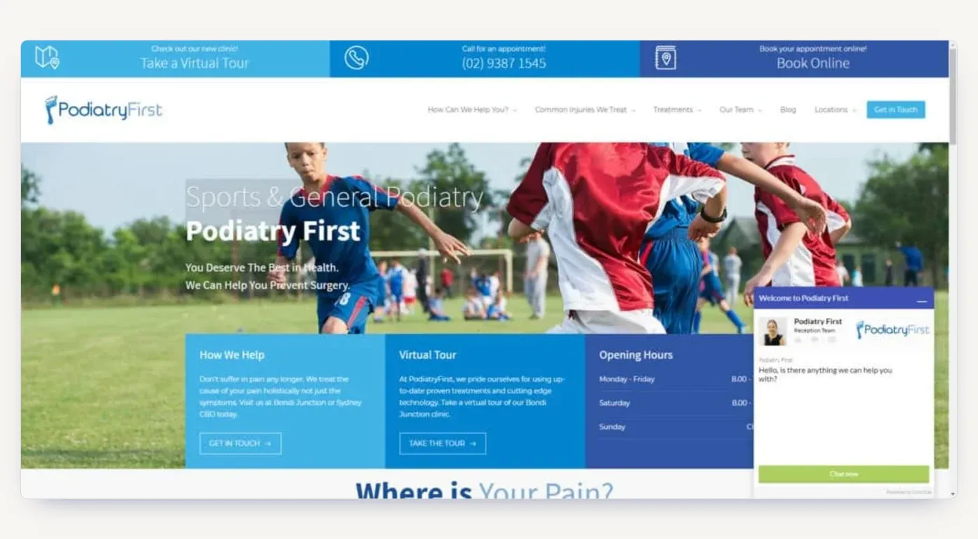 The new Podiatry First website: clear calls to action, click-to-call and online booking above the fold.