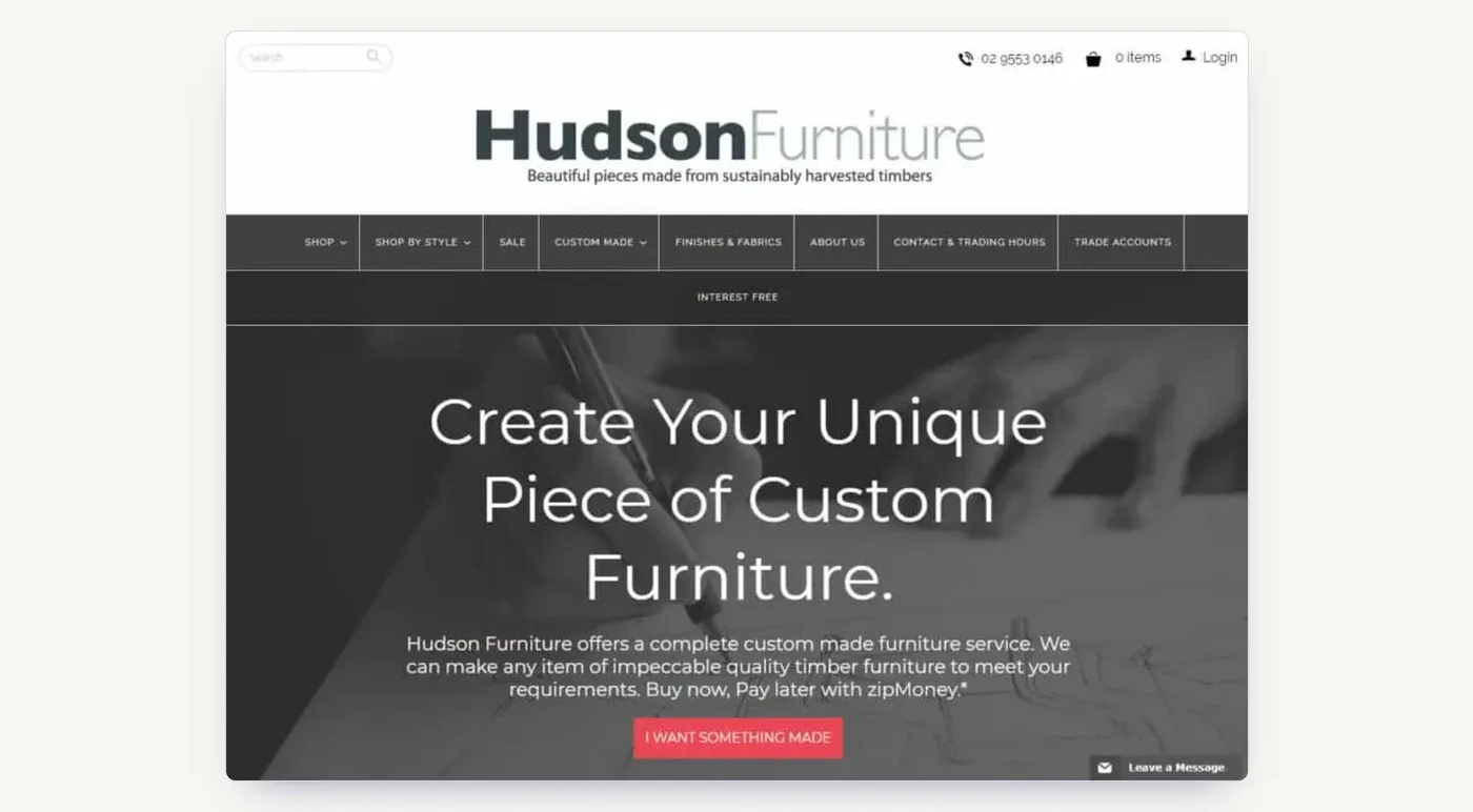 The Hudson Furniture homepage, with custom-made timber furniture and the category range front and centre.