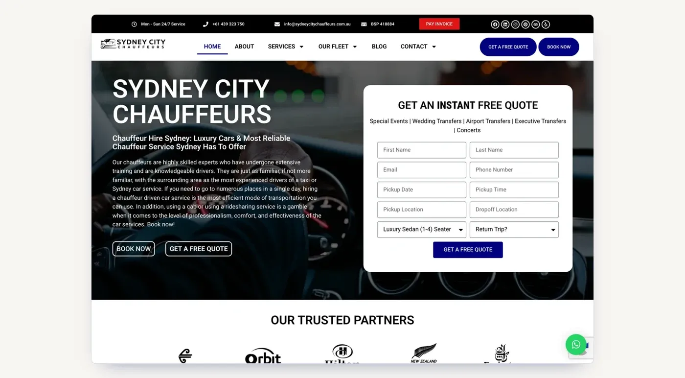 The Sydney City Chauffeurs homepage, with the instant quote form that ad traffic lands on.