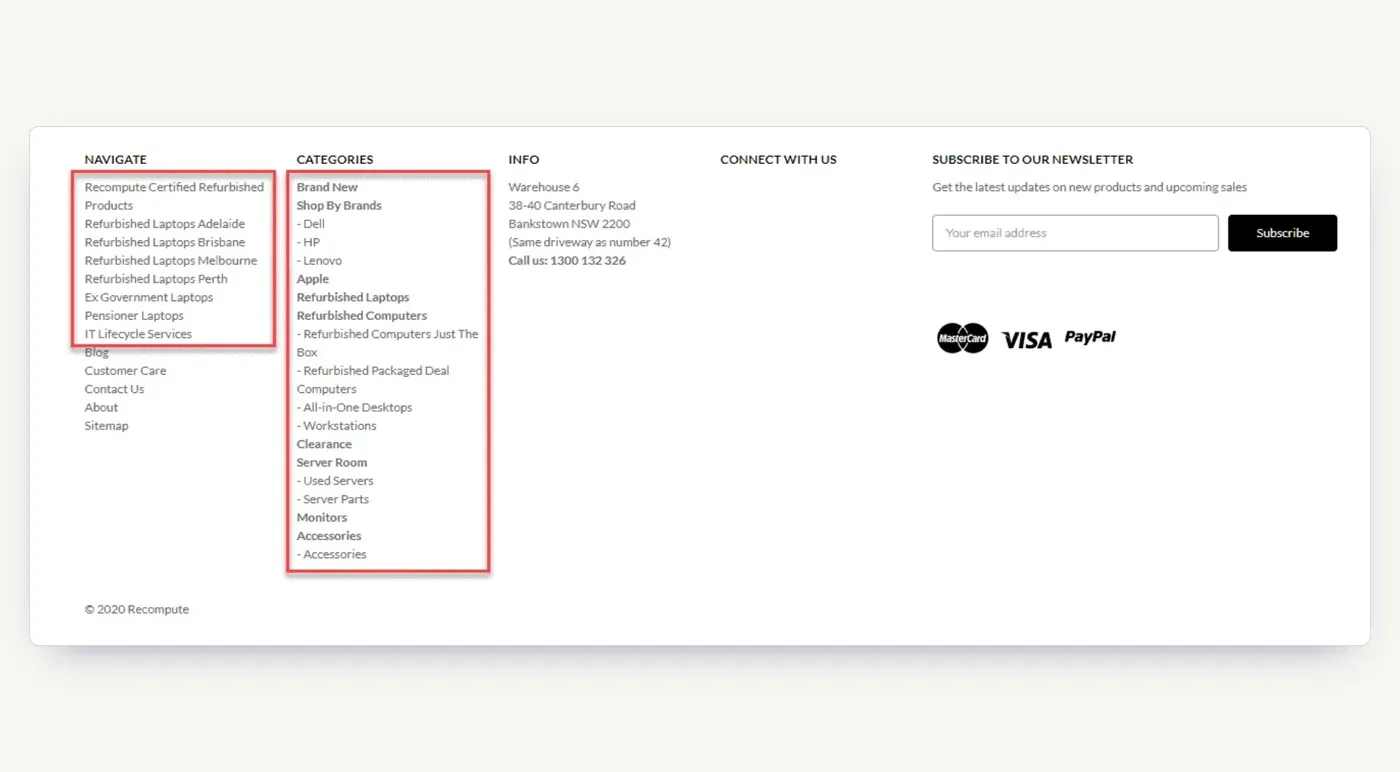 The expanded site navigation: refurbished laptop pages for each capital city, ex-government and pensioner laptops, and brand categories.