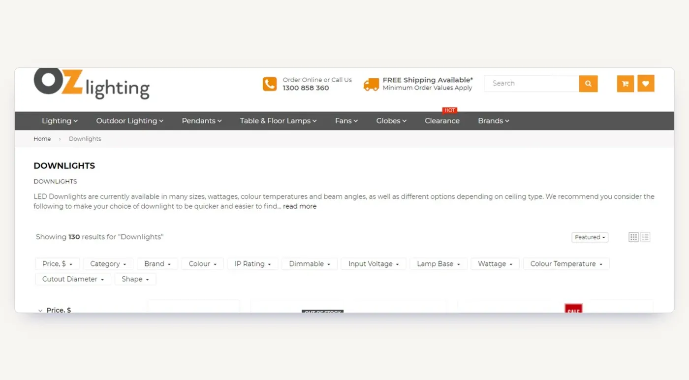 The Downlights category page: optimised heading and new copy sitting above 130 products.
