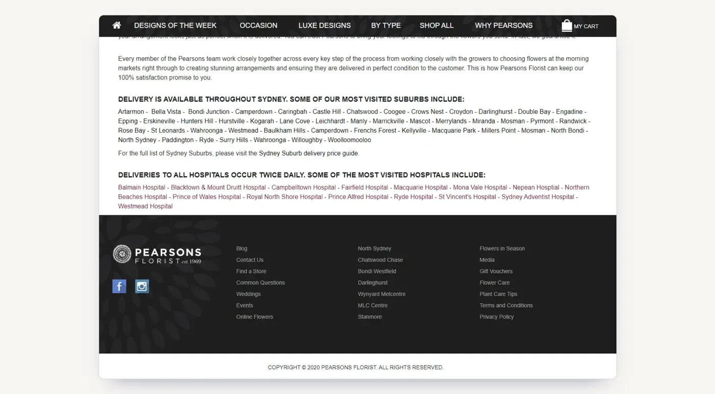 New suburb and hospital delivery pages, linked from the homepage, built to capture local flower delivery searches.