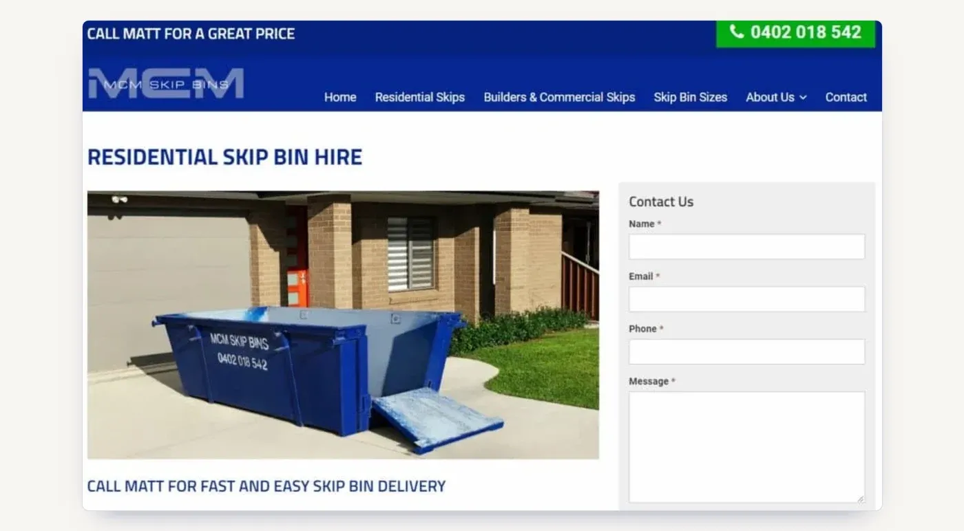 The residential skip bin hire page with its contact form.