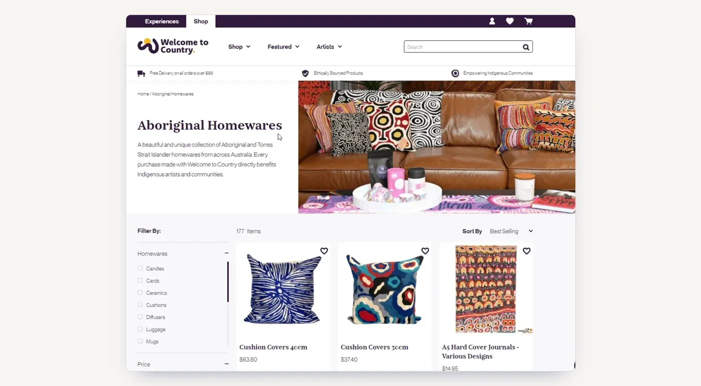 The Aboriginal Homewares category on the new shop subdomain, one of the key pages in the keyword map.
