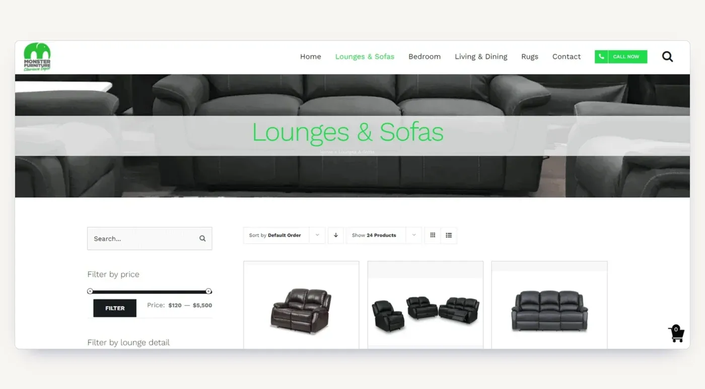 Category pages rebuilt around the terms buyers actually search: lounges, dining, bedroom.