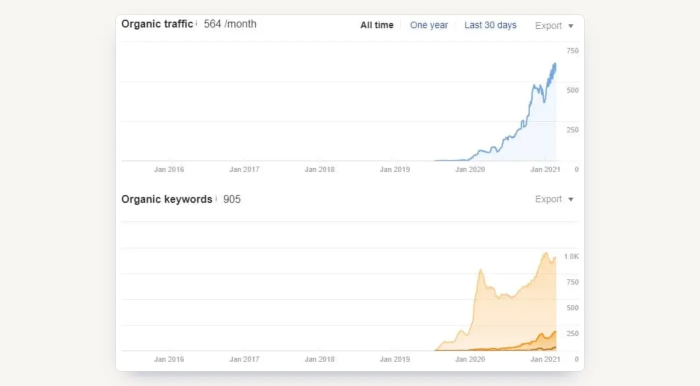 Organic traffic and keywords from launch, tracked in Ahrefs: 905 keywords ranking and around 564 organic visits a month.