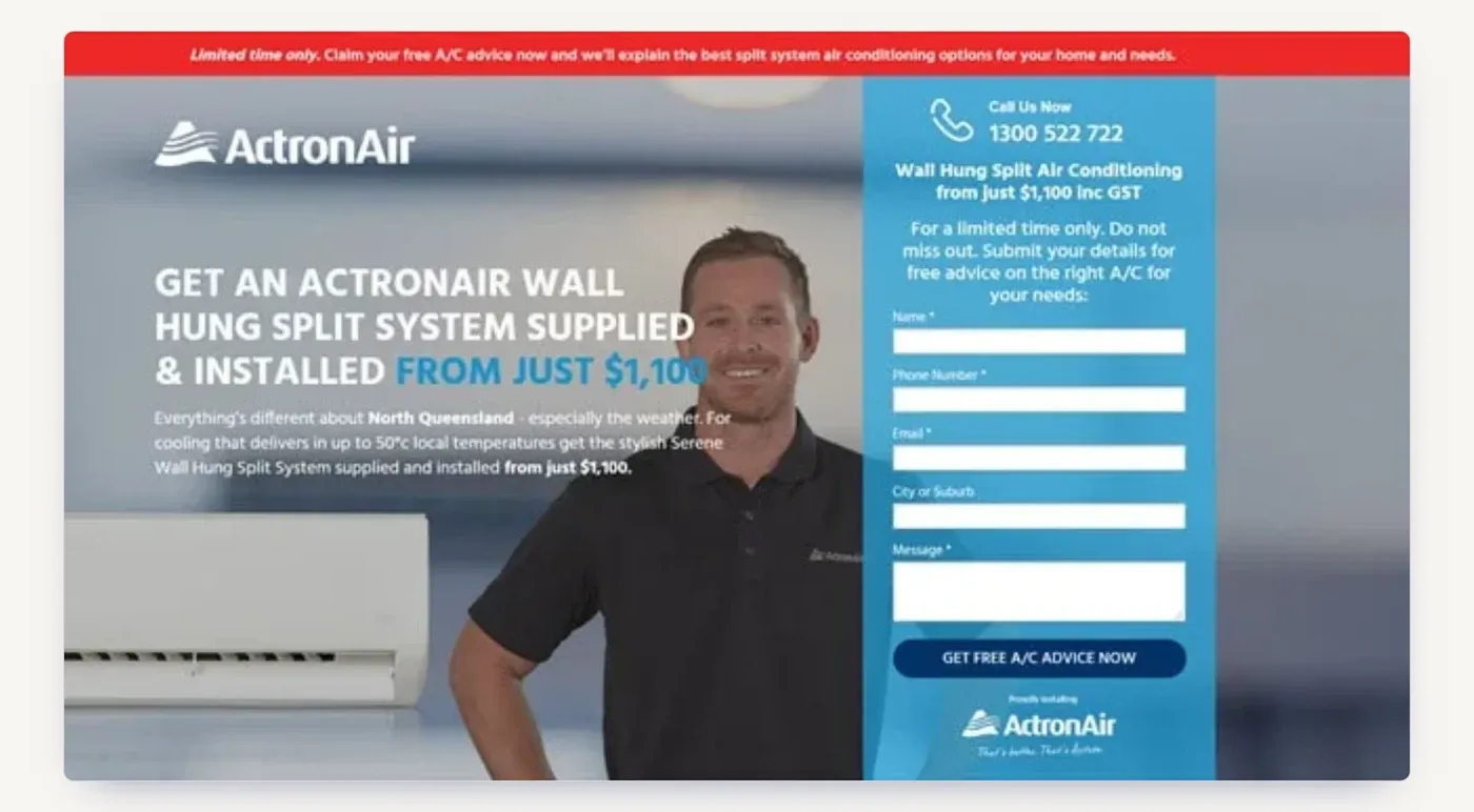 The campaign landing page: Michael Morgan fronting the $1,100 wall hung split system offer, with the lead form alongside.