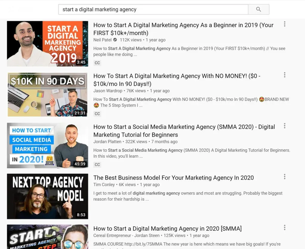 YouTube results for start a digital marketing agency, full of get-rich-quick thumbnails