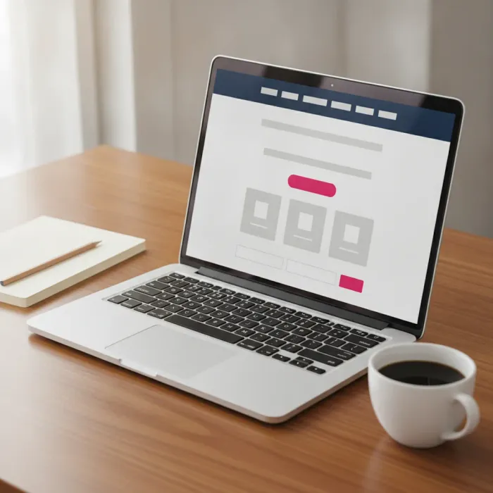 A laptop on a desk showing the layout of a suburb landing page