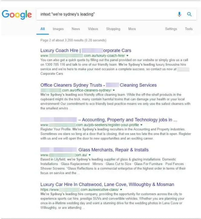 Google results for we're sydney's leading, showing how many businesses claim it