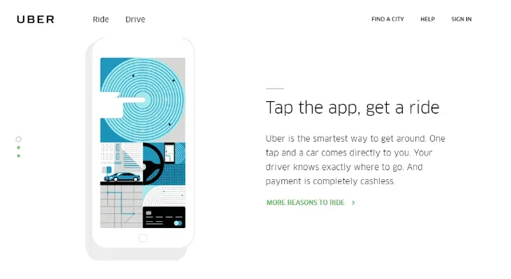 Uber's page explaining tap the app, get a ride