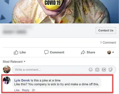 Comment on a COVID-era Facebook ad calling the advertiser out for profiteering