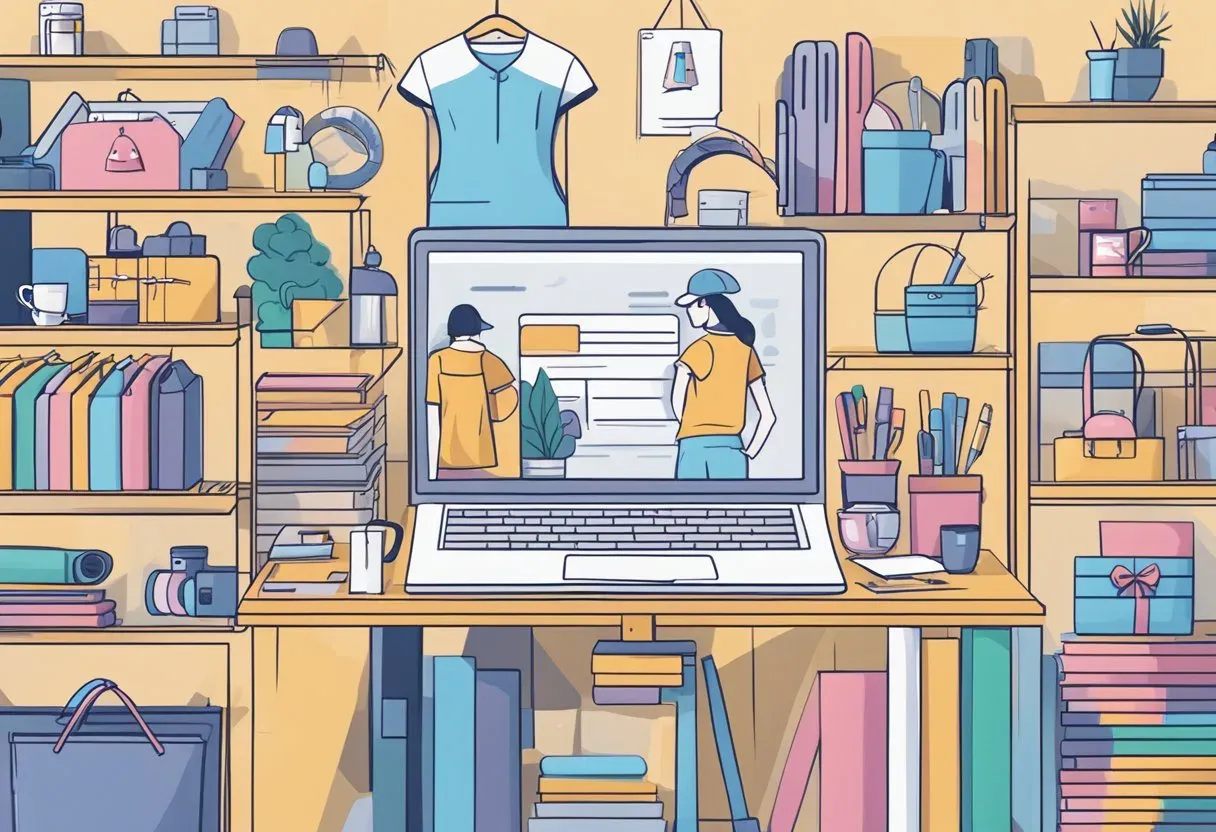 Illustration of a laptop in a retail stockroom full of products