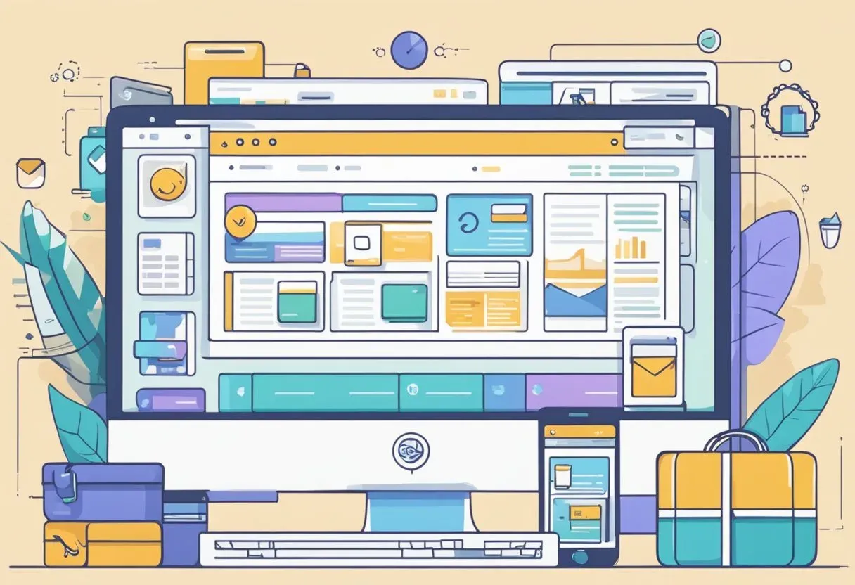 Illustration of a browser showing a store's pages and product grid