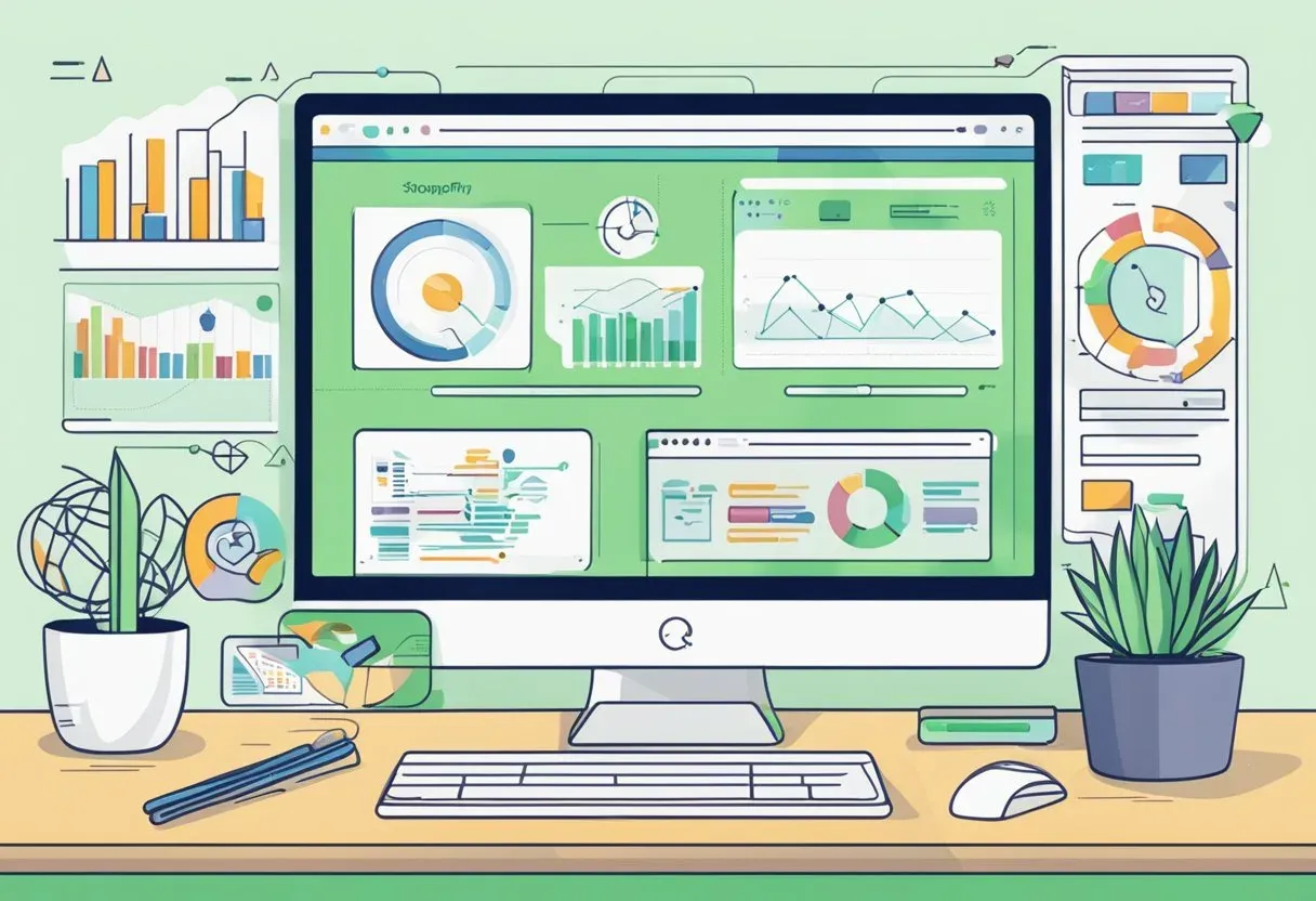 Illustration of a monitor and tablet showing Shopify SEO tools