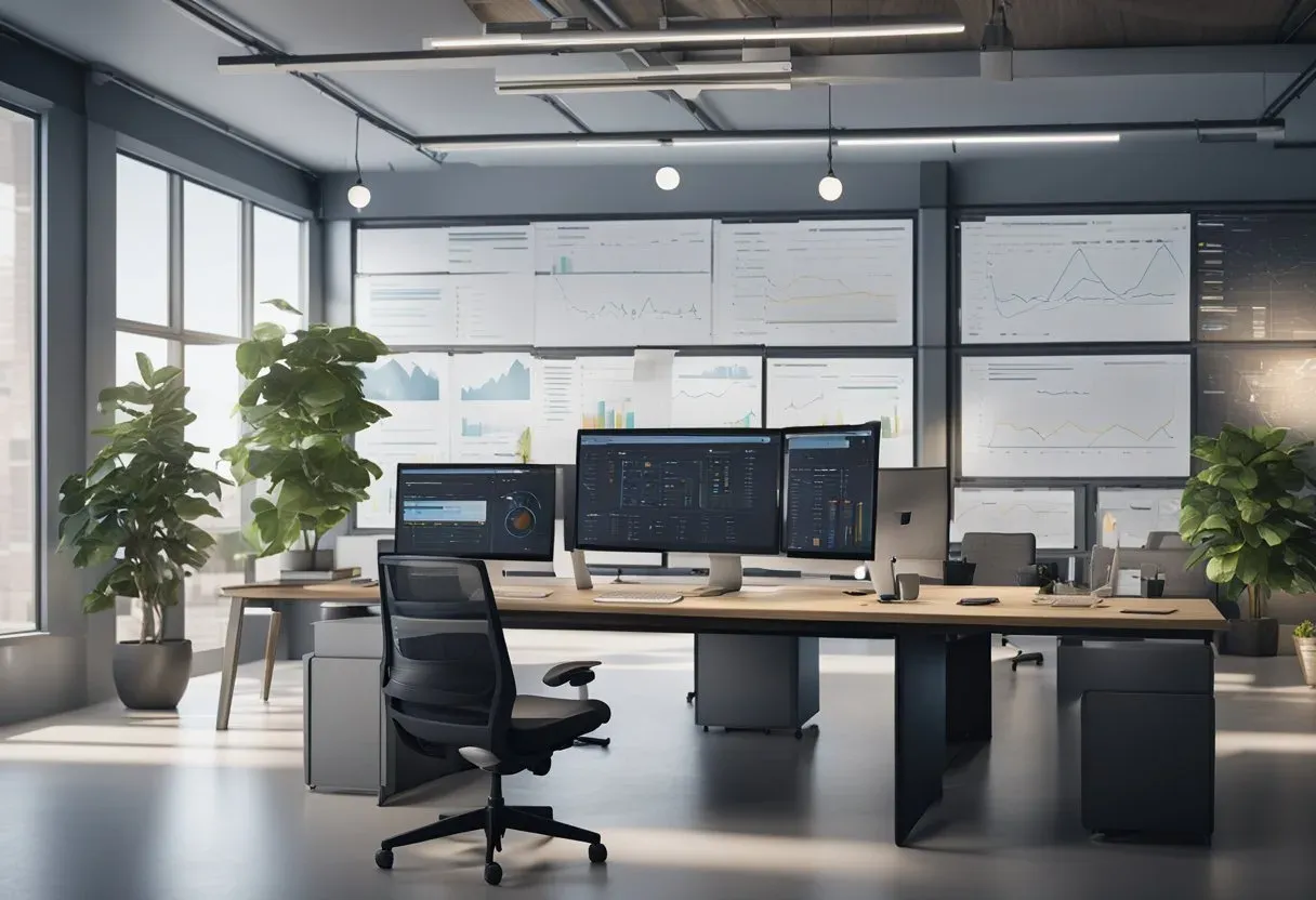 Illustration of an empty corporate office with dashboards on screen