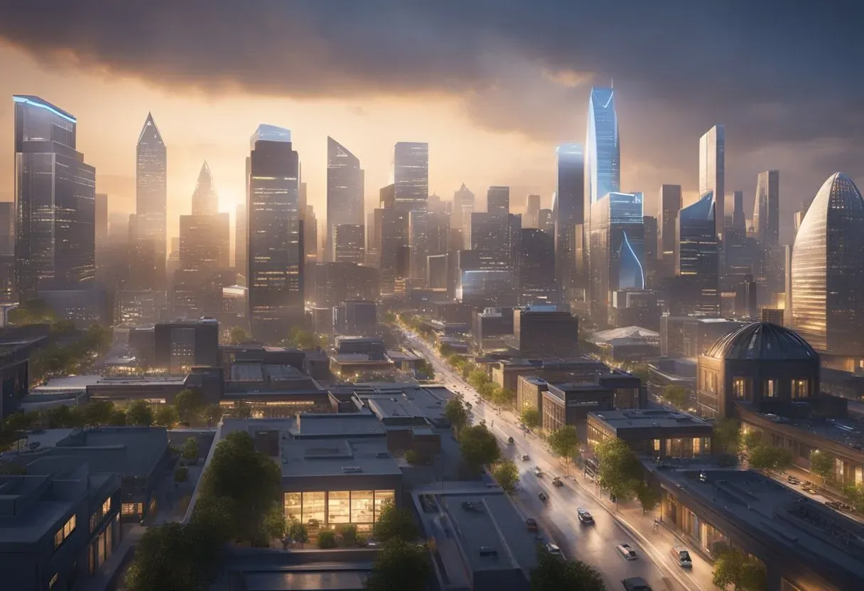 Illustration of a dense city skyline at sunset
