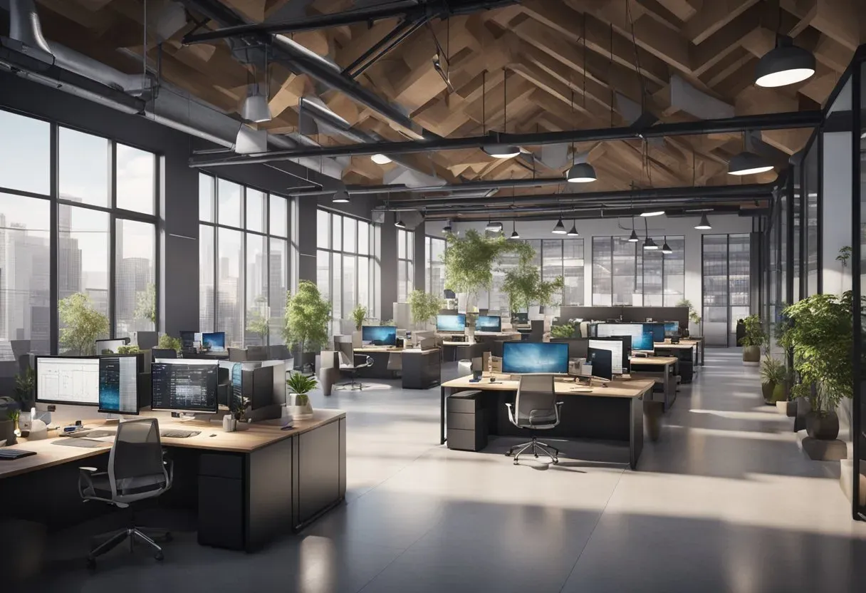 Illustration of an open-plan office with analytics on the monitors