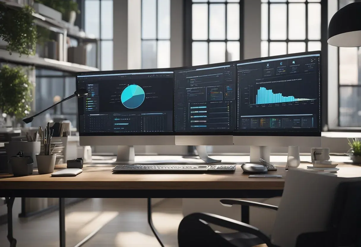 Illustration of a desk with dual monitors showing SEO dashboards