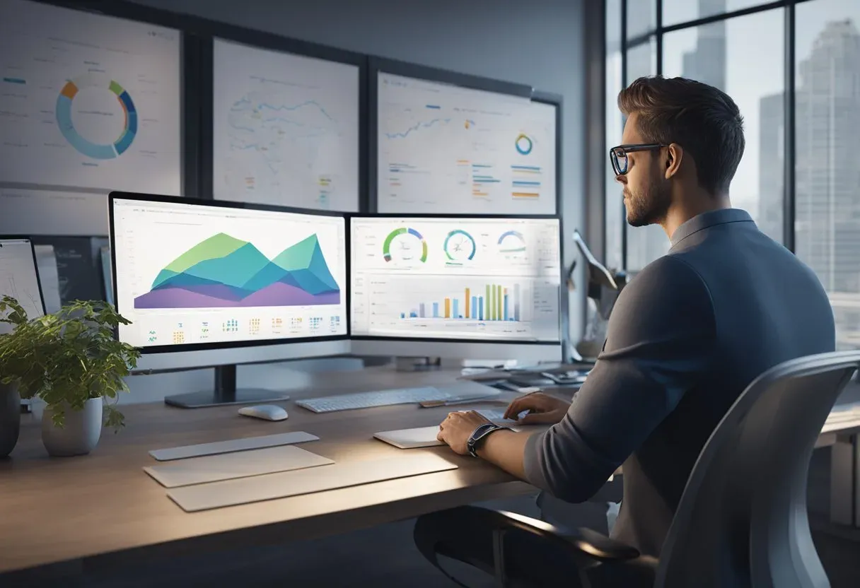 Illustration of an analyst reviewing performance charts on two monitors