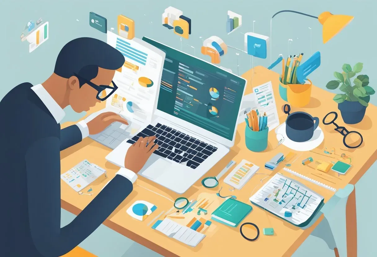 Illustration of an analyst working at a laptop surrounded by research notes