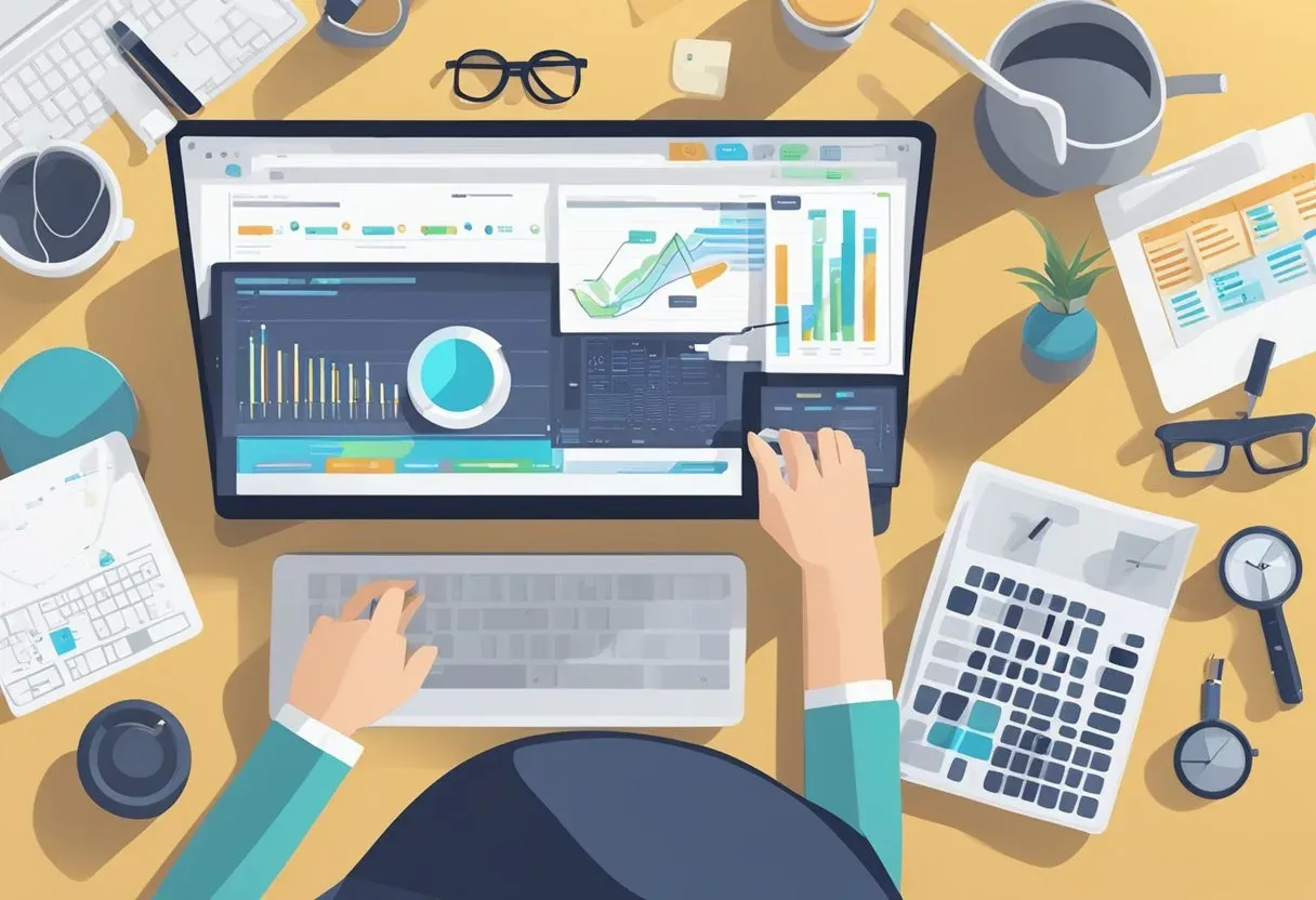 Illustration of a desk from above with a laptop and keyword research notes
