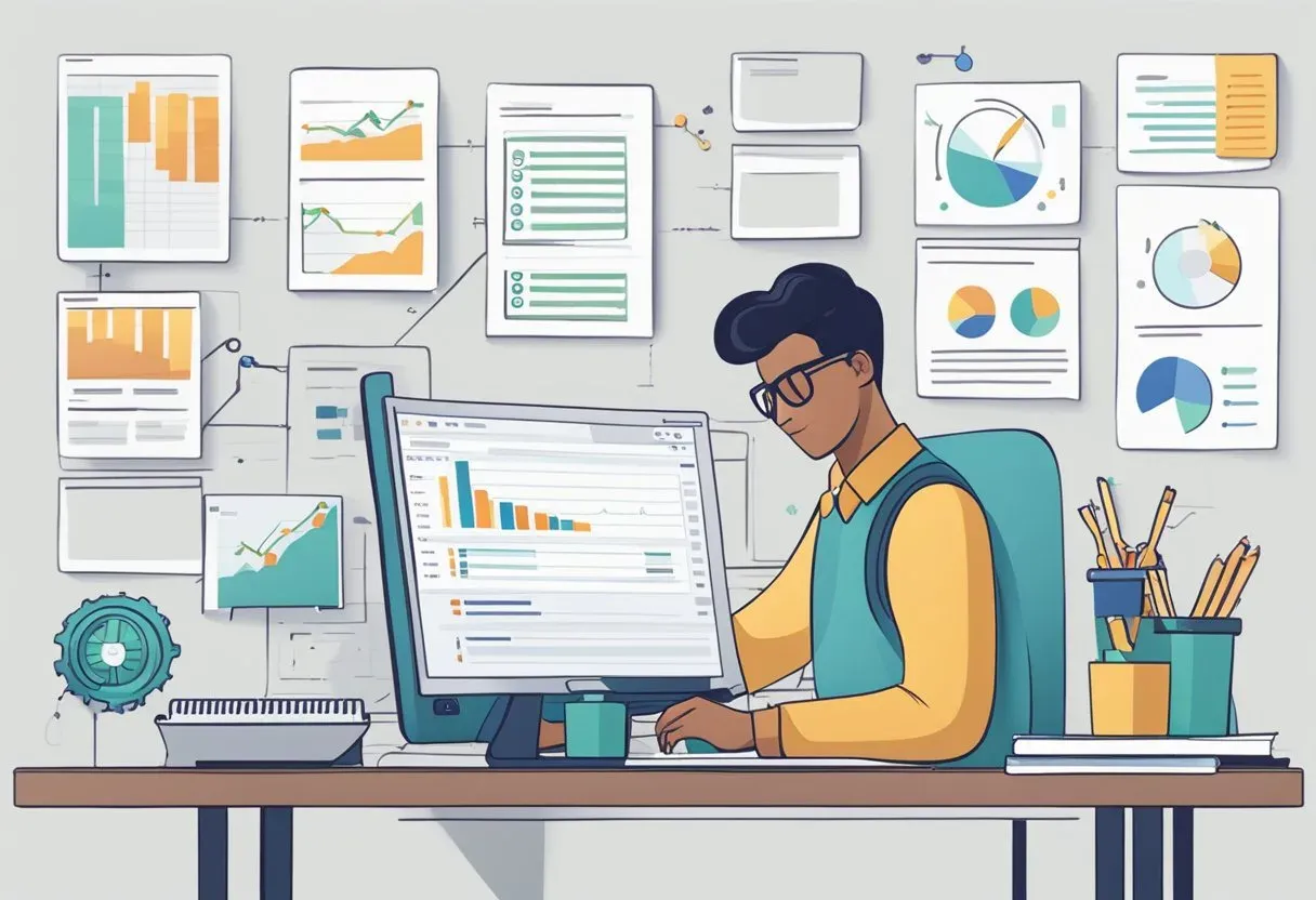 Illustration of a strategist at a desk surrounded by charts and documents