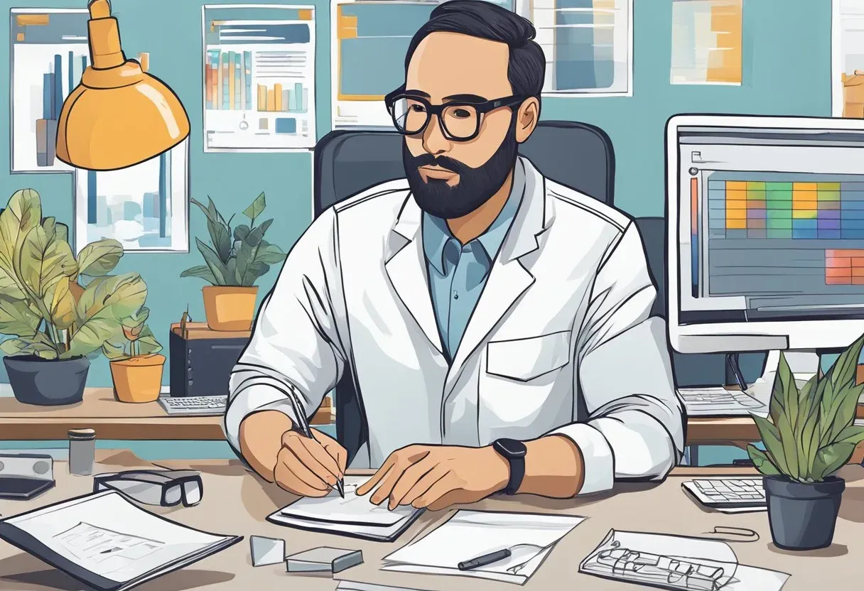 Illustration of a researcher at a desk reviewing keyword data
