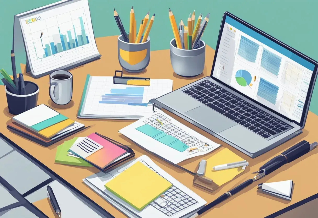 Illustration of a desk with a laptop, notes and performance charts