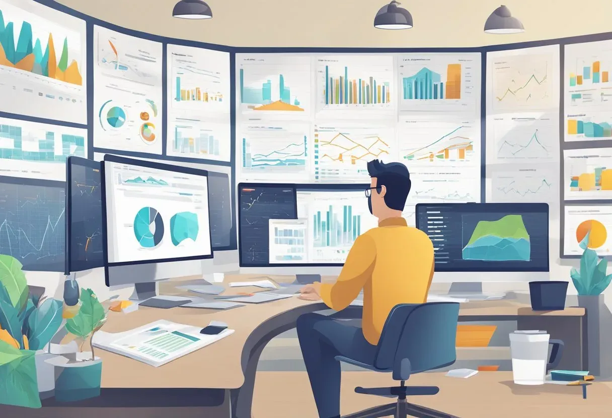 Illustration of an analyst working at a wall of performance charts