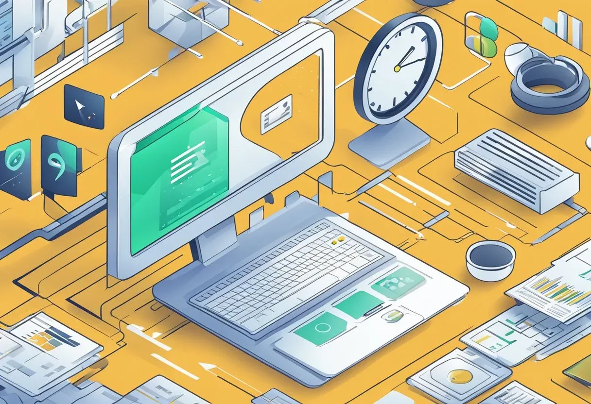 Isometric illustration of a computer showing site performance gauges