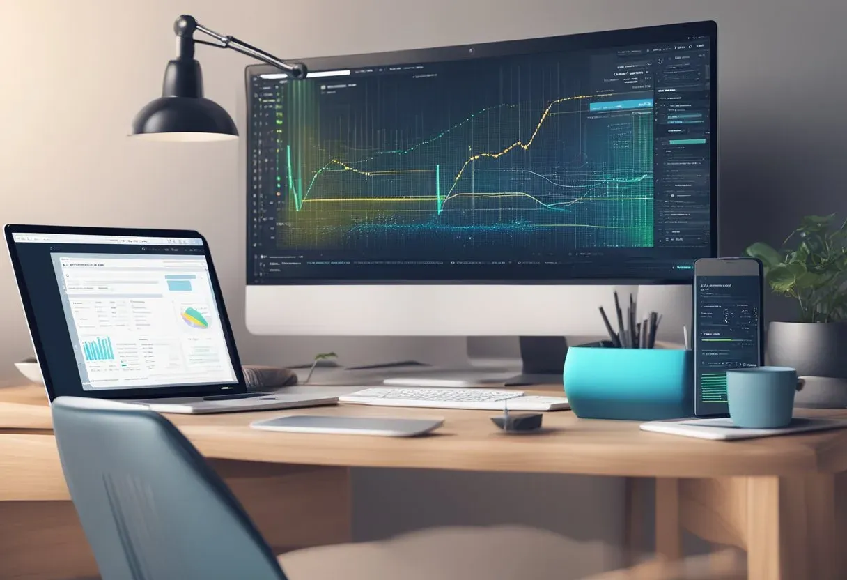 A desk with a monitor showing a rising site performance graph