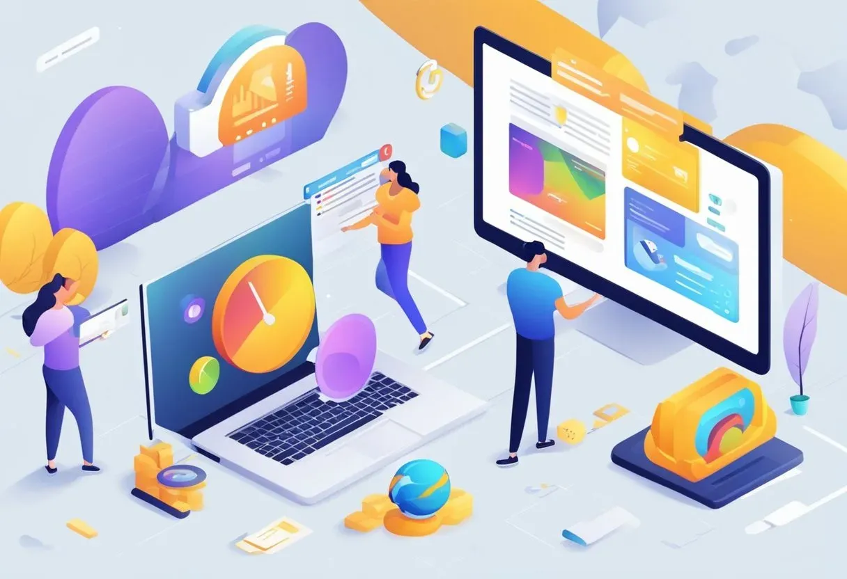 Illustration of people optimising a website's performance dashboard