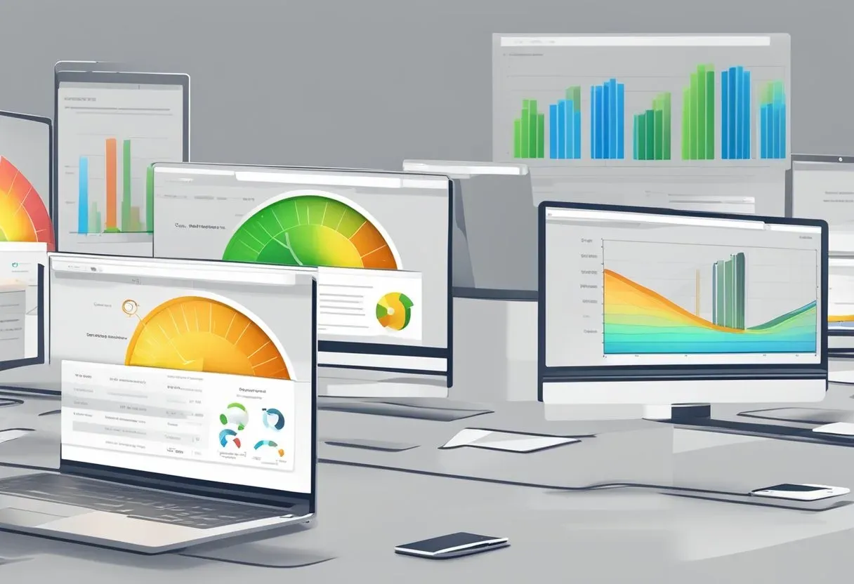 Illustration of screens showing web performance gauges and charts