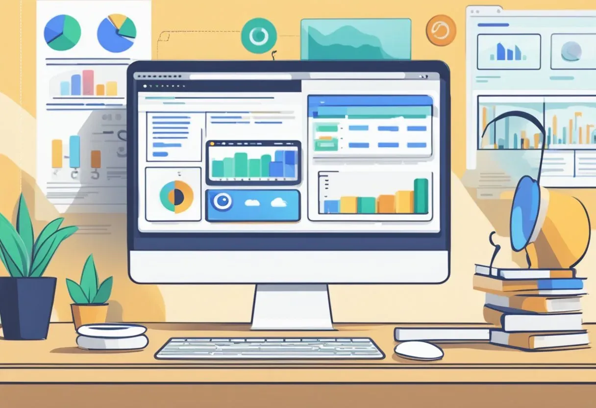 Illustration of a workstation showing SEO performance charts
