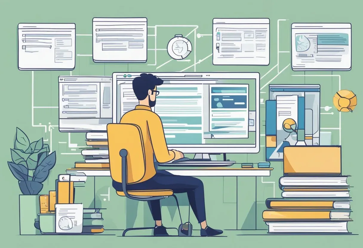Illustration of an analyst at a desk surrounded by documents and charts