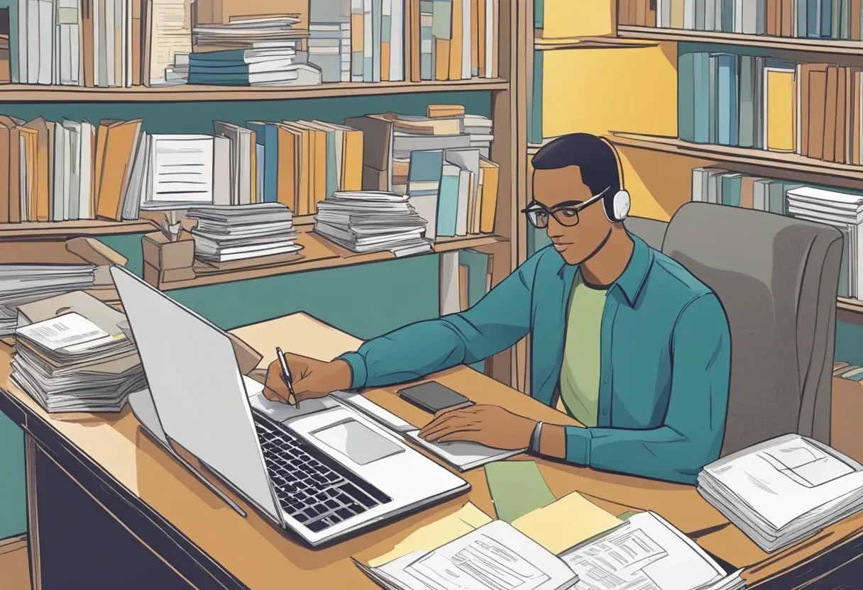 Illustration of a writer working at a laptop in a library
