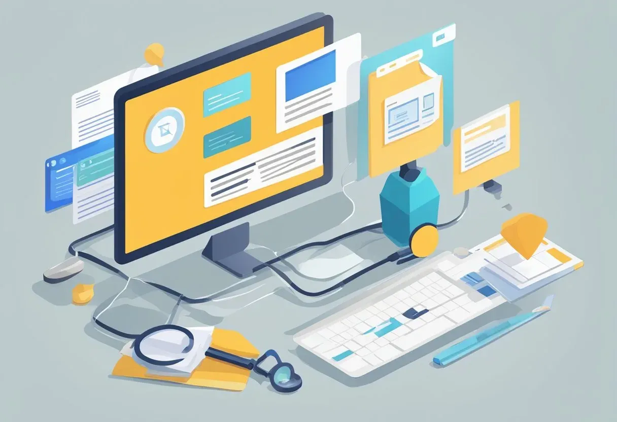 Illustration of a monitor surrounded by content and analytics icons