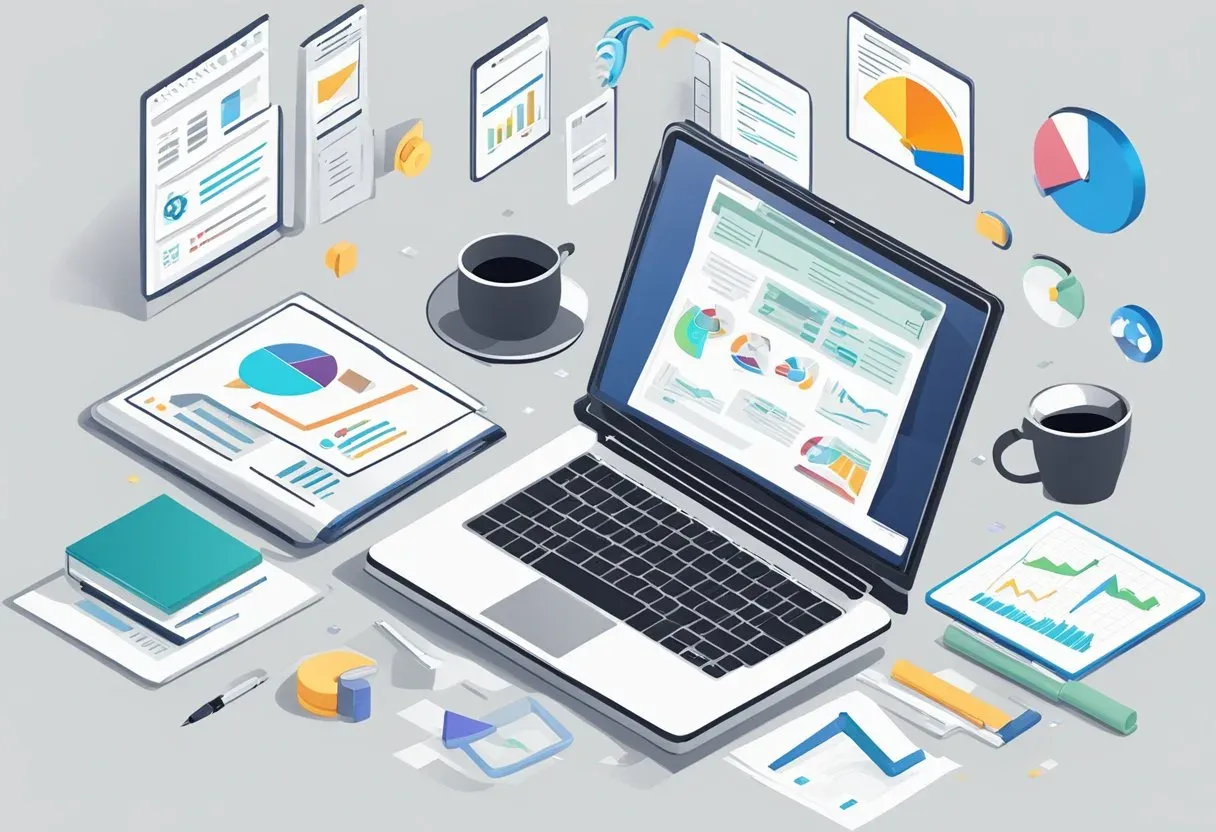 Illustration of a workstation showing content performance charts