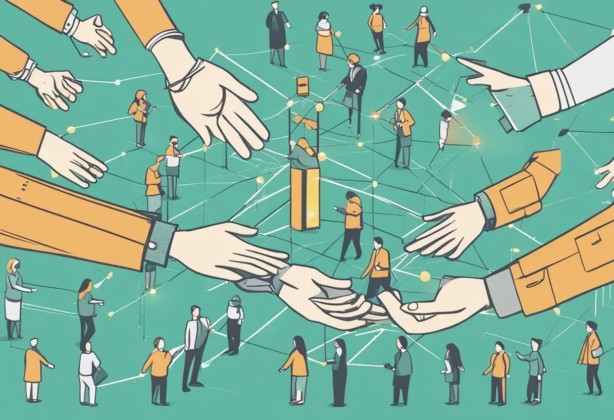 Illustration of hands reaching across a network of people, representing outreach relationships
