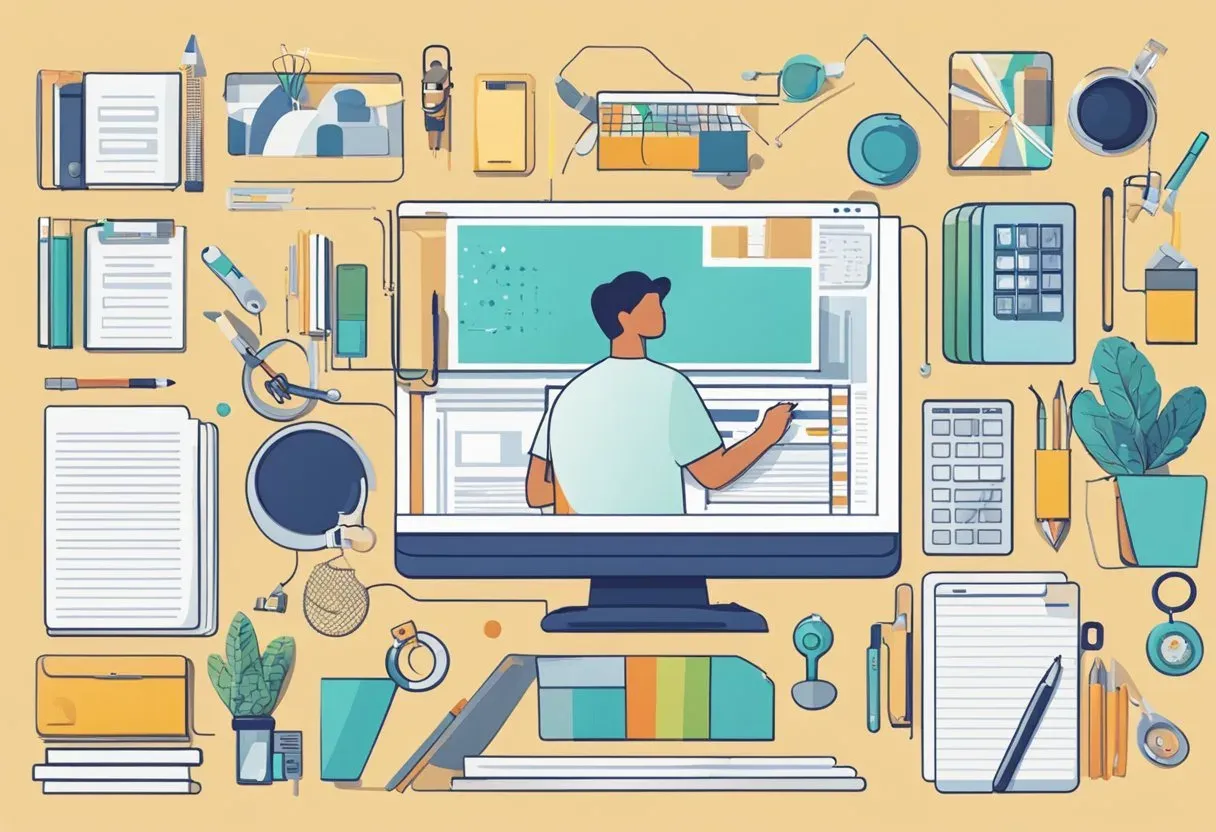 Illustration of a researcher at a screen surrounded by keyword notes