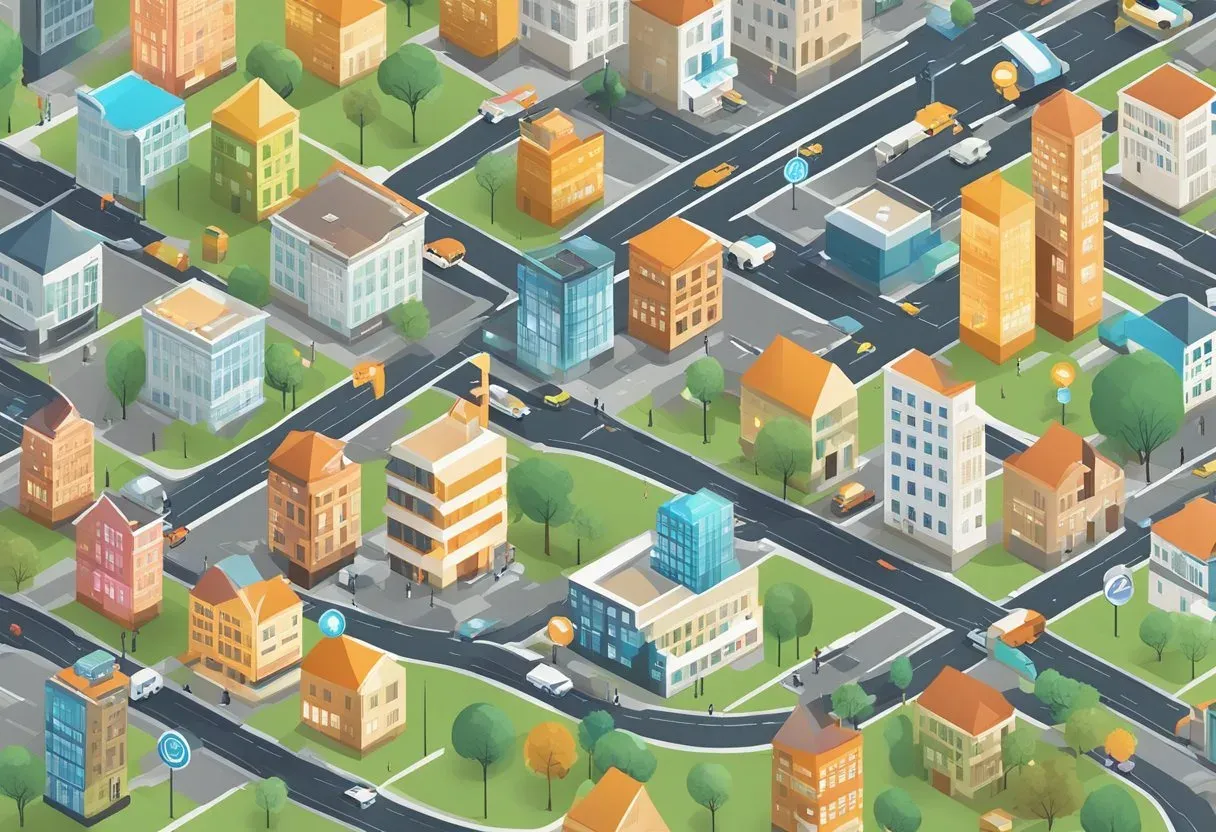 Isometric illustration of a local neighbourhood of shops and streets
