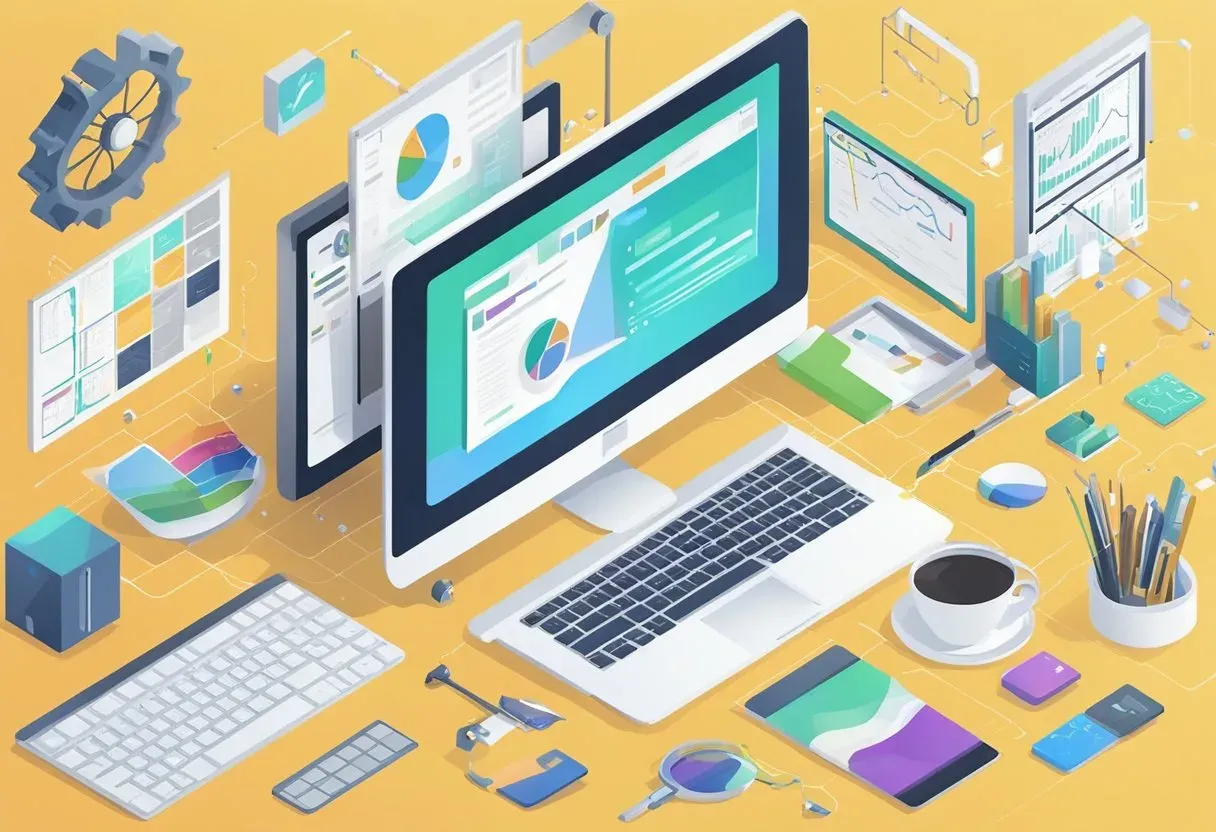 Isometric illustration of a desk with content and analytics screens