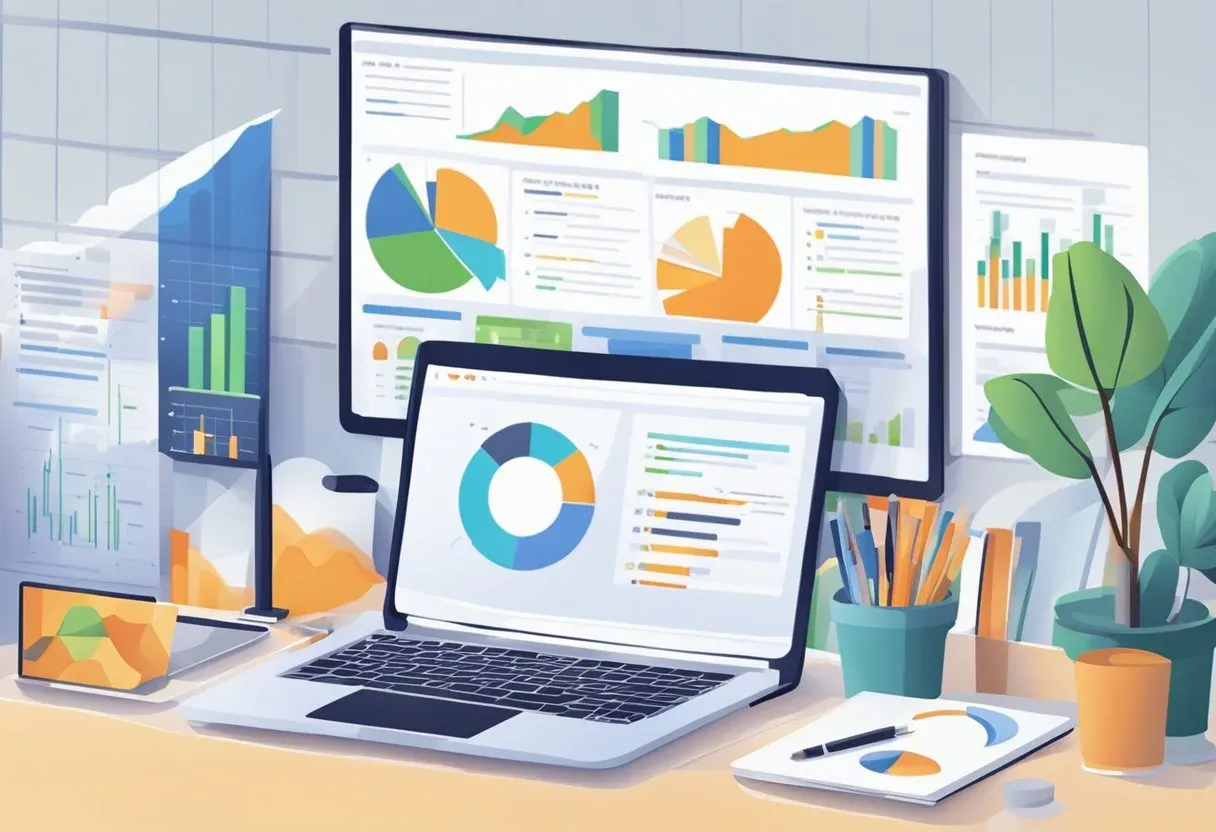 Illustration of a laptop and monitor showing SEO performance charts