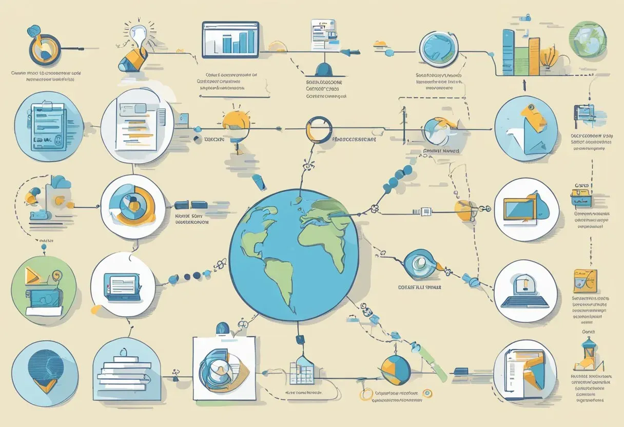 Illustration of a globe connected to pages and devices worldwide