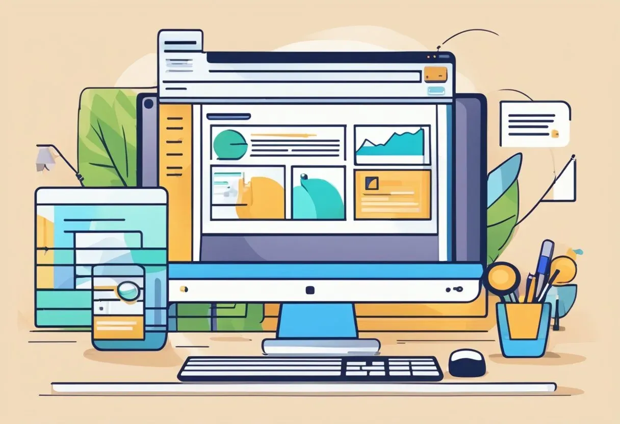 Illustration of a desktop and phone showing page content