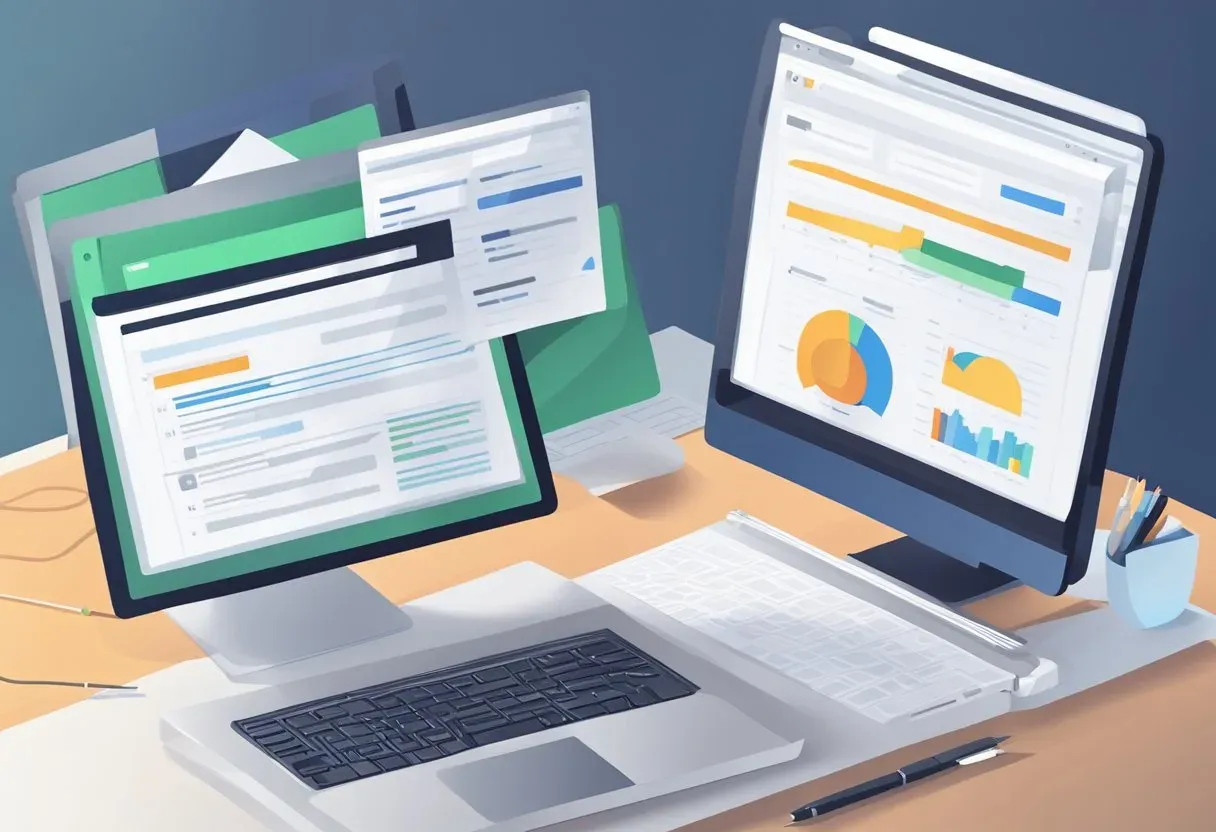 Illustration of browser windows and charts floating above a laptop