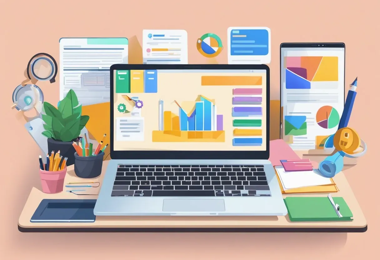 Illustration of a laptop and devices showing off-page SEO metrics